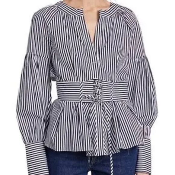 Parker Elena Pinstripe Blouse with Long  Sleeve & Corset Lacing. Size Medium. - Picture 1 of 9